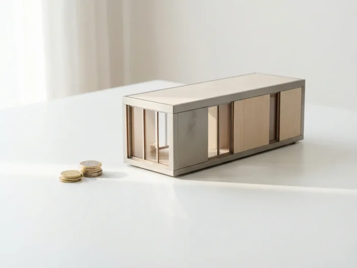 Moderne prefab huismodule naast gestapelde euromunten op wit oppervlak, minimalistisch ontwerp met glazen panelen in natuurlijk daglicht