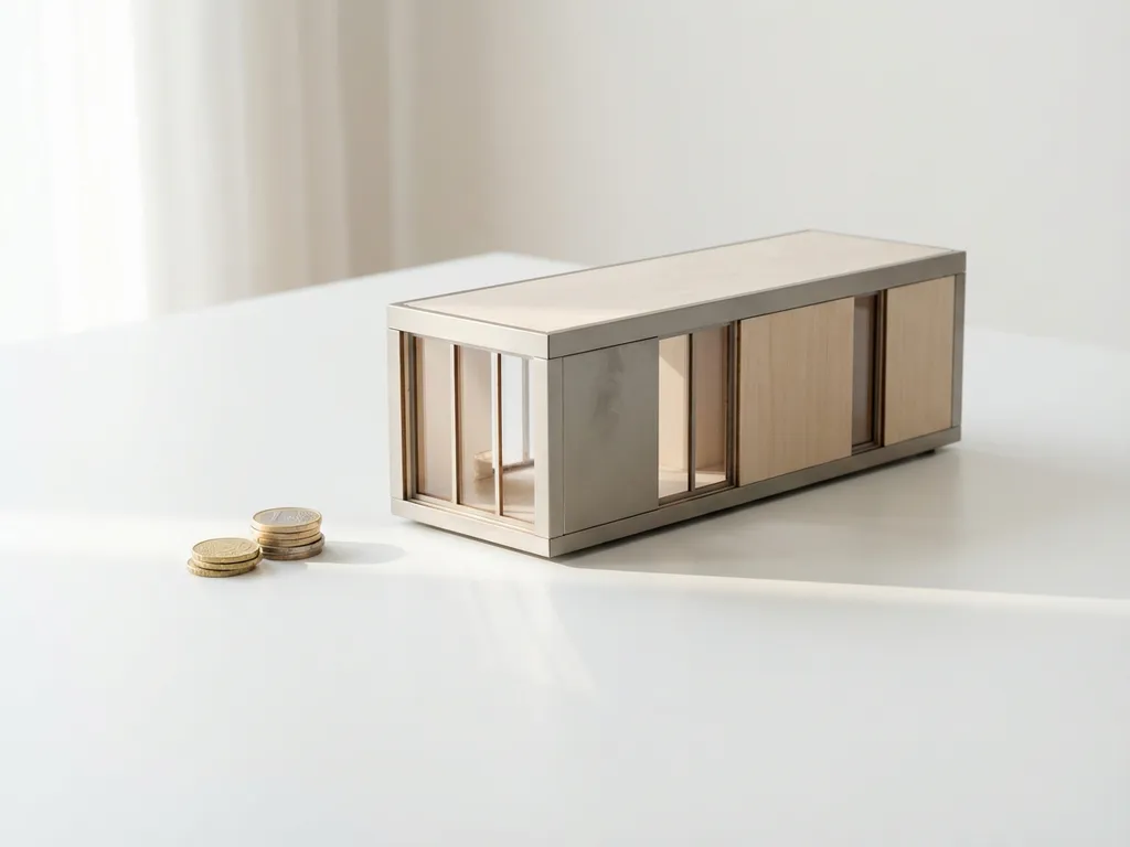 Moderne prefab huismodule naast gestapelde euromunten op wit oppervlak, minimalistisch ontwerp met glazen panelen in natuurlijk daglicht
