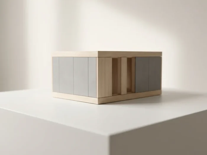 Minimalistisch architectuurmodel van moderne prefab woning in warme grijstinten en natuurlijk hout op witte achtergrond