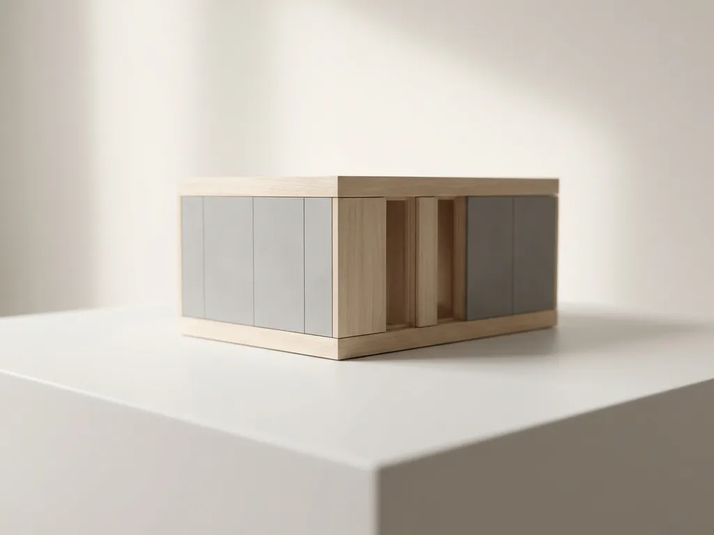 Minimalistisch architectuurmodel van moderne prefab woning in warme grijstinten en natuurlijk hout op witte achtergrond
