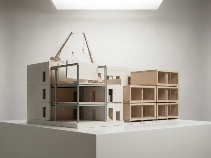 Architectonisch schaalmodel van modern gebouw met geprefabriceerde wandpanelen en gestapelde modulaire units in minimalistische studio