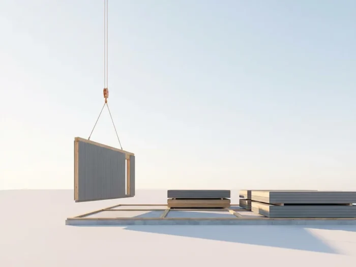 Geprefabriceerde wandmodule wordt door kraan op bouwfundament geplaatst, modulaire componenten op achtergrond in ochtendlicht