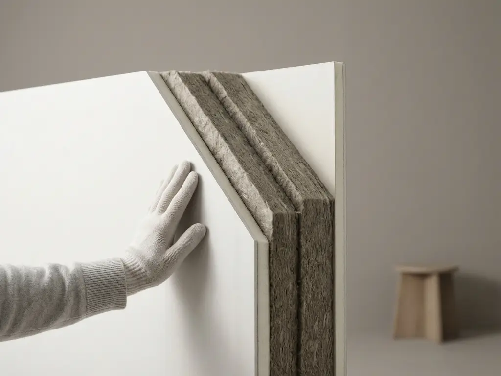 Doorsnede van een prefab wandpaneel met dichte isolatie tussen witte oppervlakken, hand drukt tegen de stevige buitenkant