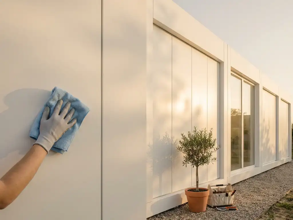 Hand reinigt wit geprefabriceerd huis met microvezeldoek, onderhoudstoolkit en potplant op de grond, ochtendlicht