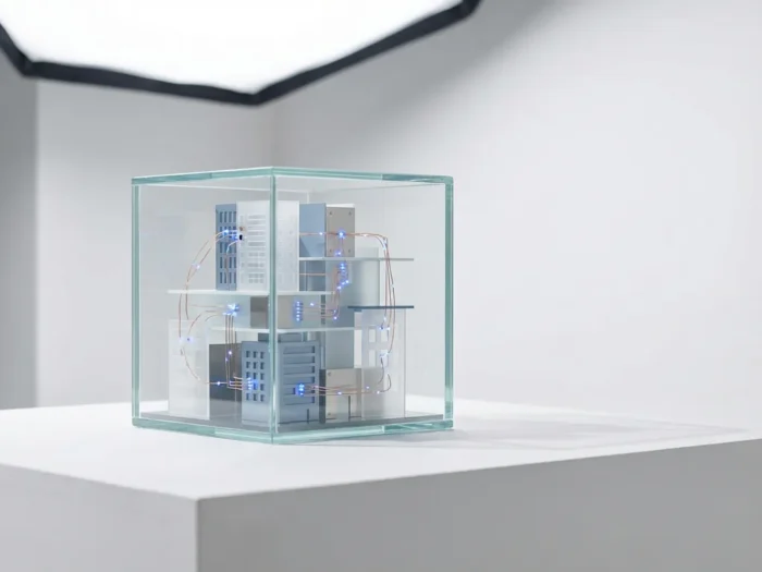 Glazen kubus met miniatuur gebouwstructuur, sensorpunten en koperen datastromen op witte achtergrond