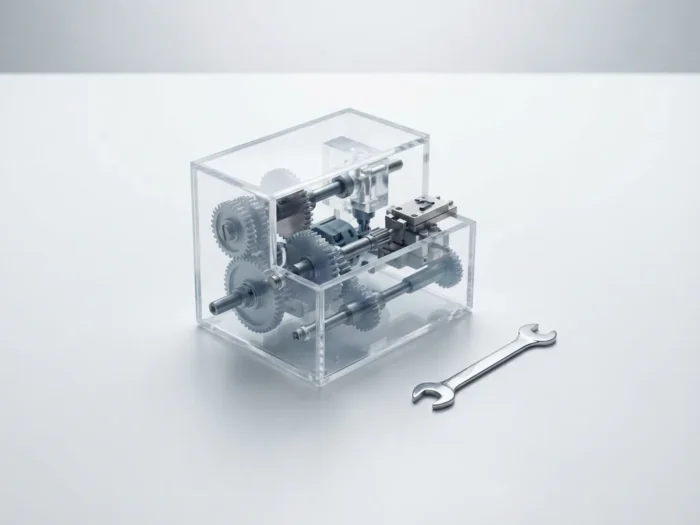 Transparant acryl schaalmodel van industriële machine met zichtbare tandwielen en precisie-moersleutel op wit bureau