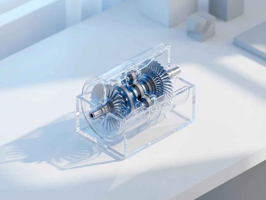 Transparant acryl model van industriële turbine met zichtbare mechanische componenten op wit bureau, blauwe sfeerverlichting