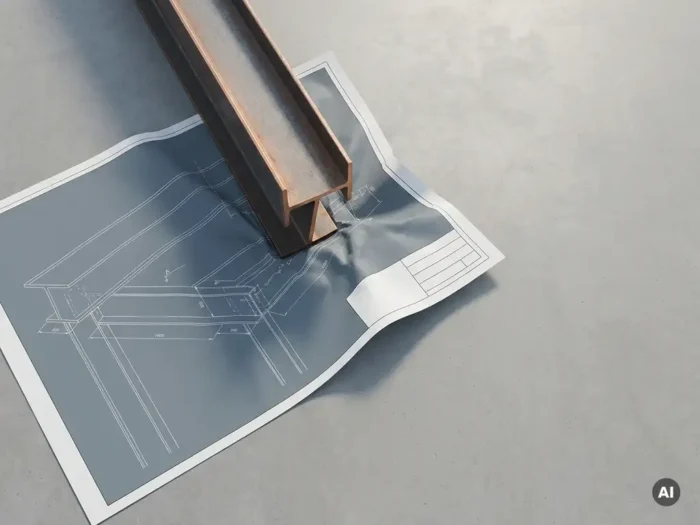 Architecturale blauwdruk overlapt met stalen balk die niet perfect uitlijnt, zichtbare spanning op kruispunt, betonnen ondergrond met zachte schaduwen.