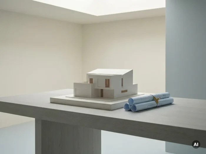 Wit architectonisch schaalmodel op minimalistische bureau naast opgerolde technische tekeningen met messing klem, zachte verlichting