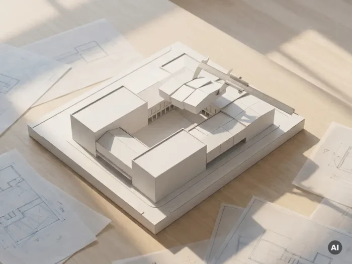 Wit architectuurmodel op tekentafel met metalen passer die een sectie aanpast, omringd door calqueerpapier en zachte geometrische schaduwen.