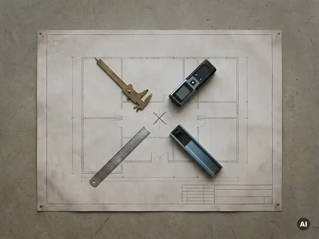 Architecturale blauwdruk op beton met messing passer, stalen liniaal en digitale lasermeter in geometrische uitlijning