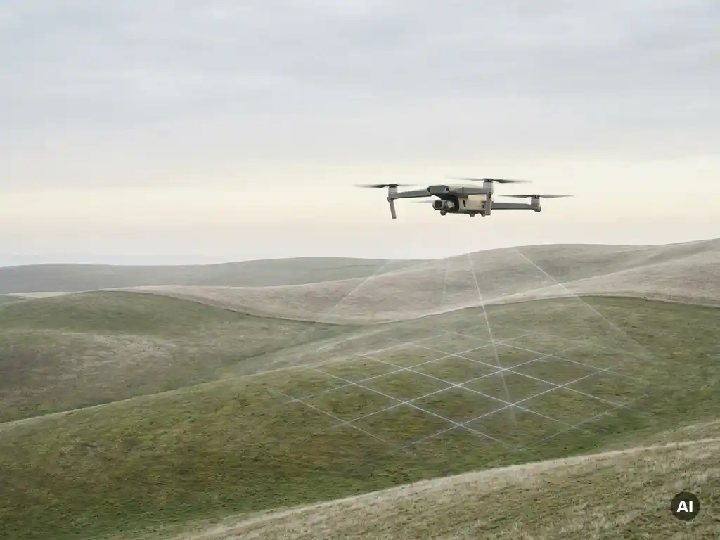 Landmeetkundige drone zweeft boven glooiende groene heuvels, projecteert geometrische rasterlijnen op het terrein, zachte ochtendlucht.