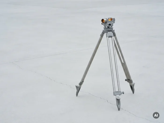 Landmeetkundige driepoot op betonnen fundering met subtiele scheur, stalen en grijze tinten met amberkleurig accent op het instrument.