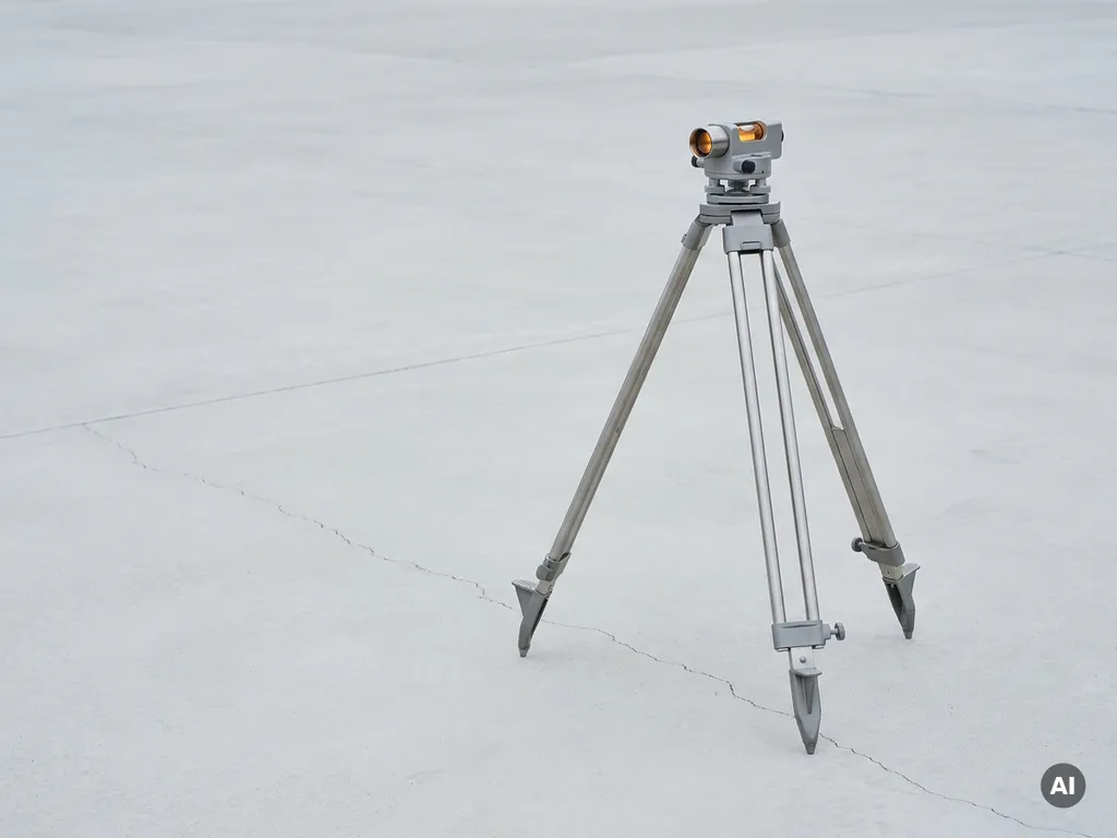 Landmeetkundige driepoot op betonnen fundering met subtiele scheur, stalen en grijze tinten met amberkleurig accent op het instrument.