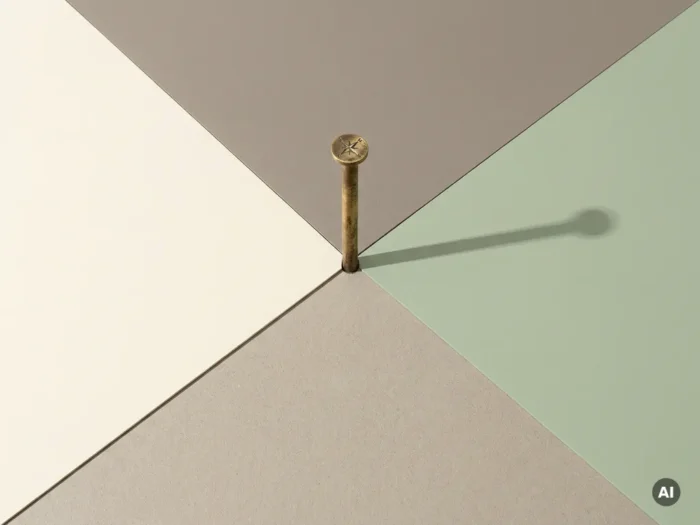 Messing landmeetkundige paal op kruispunt van drie geometrische percelen in crème, warmgrijs en zachtgroen, minimalistisch bovenaanzicht