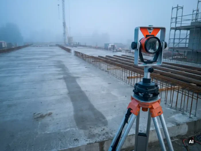 Landmeetkundige prisma op statief bij betonnen fundering met wapeningsstaven, bouwplaats in ochtenднevel