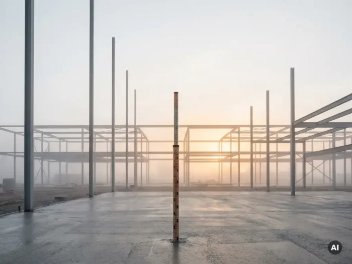 Landmeetkundige precisiestaaf in vers beton op bouwplaats, stalen constructie in ochtenddauw met amberkleurige zonsopgang.