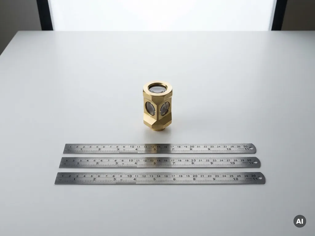 Messing landmetersprisma op witte tekentafel met drie parallelle stalen linialen, minimalistisch geometrisch stilleven