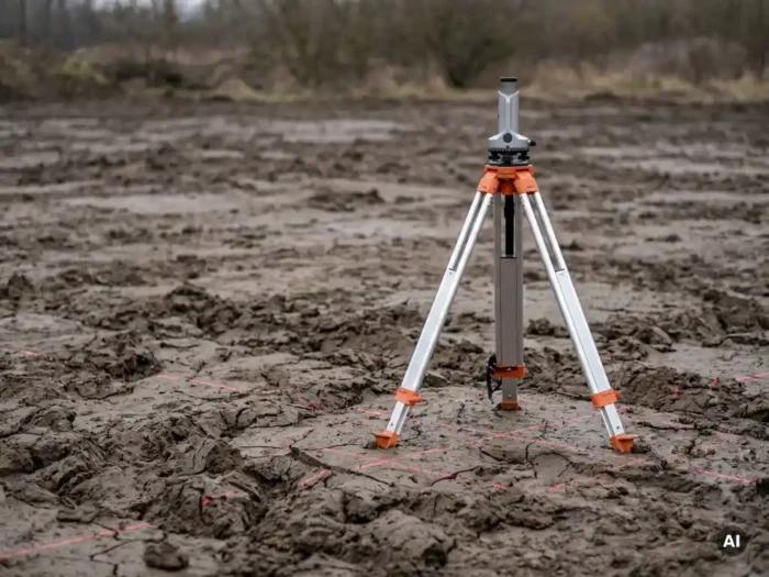 Landmeetkundige driepoot op ongelijke, gebarsten modderige grond met lasermetingslijnen over instabiele bodem.