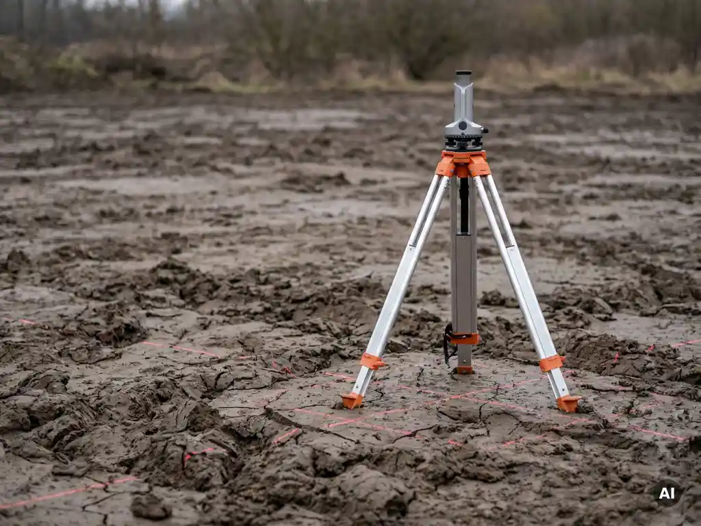 Landmeetkundige driepoot op ongelijke, gebarsten modderige grond met lasermetingslijnen over instabiele bodem.