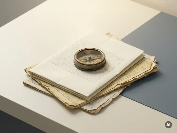 Messing landmeetkundige kompas op gelaagde topografische kaarten met vergeelde randen, minimalistische compositie in antiek goud en grijs.