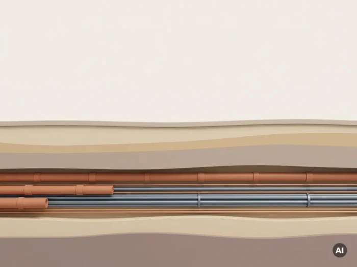 Dwarsdoorsnede van aardlagen met geordende nutsleidingen in terracotta, staalgrijs en koper, geometrische buizen parallel onder het grondoppervlak.