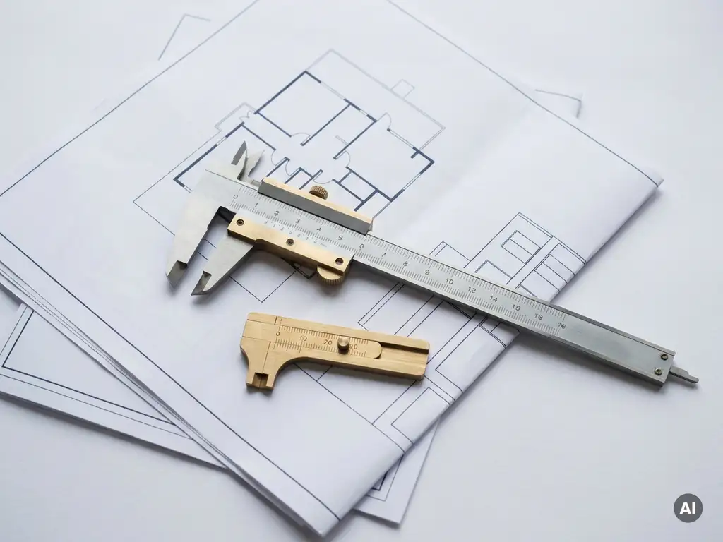 Messing schuifmaat en kompas op architecturale blauwdrukken, minimalistische flat lay met natuurlijk licht