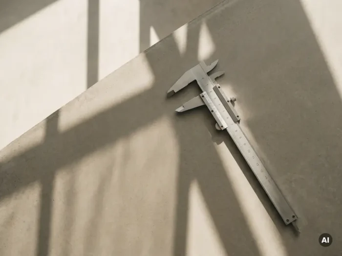 Stalen precisie schuifmaat op betonnen prefab paneel met geometrische schaduwen en minimalistische compositie.