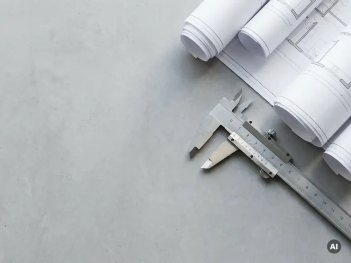 Metalen schuifmaat op betonnen ondergrond naast architecturale bouwtekeningen, minimalistisch bovenaanzicht met zachte belichting