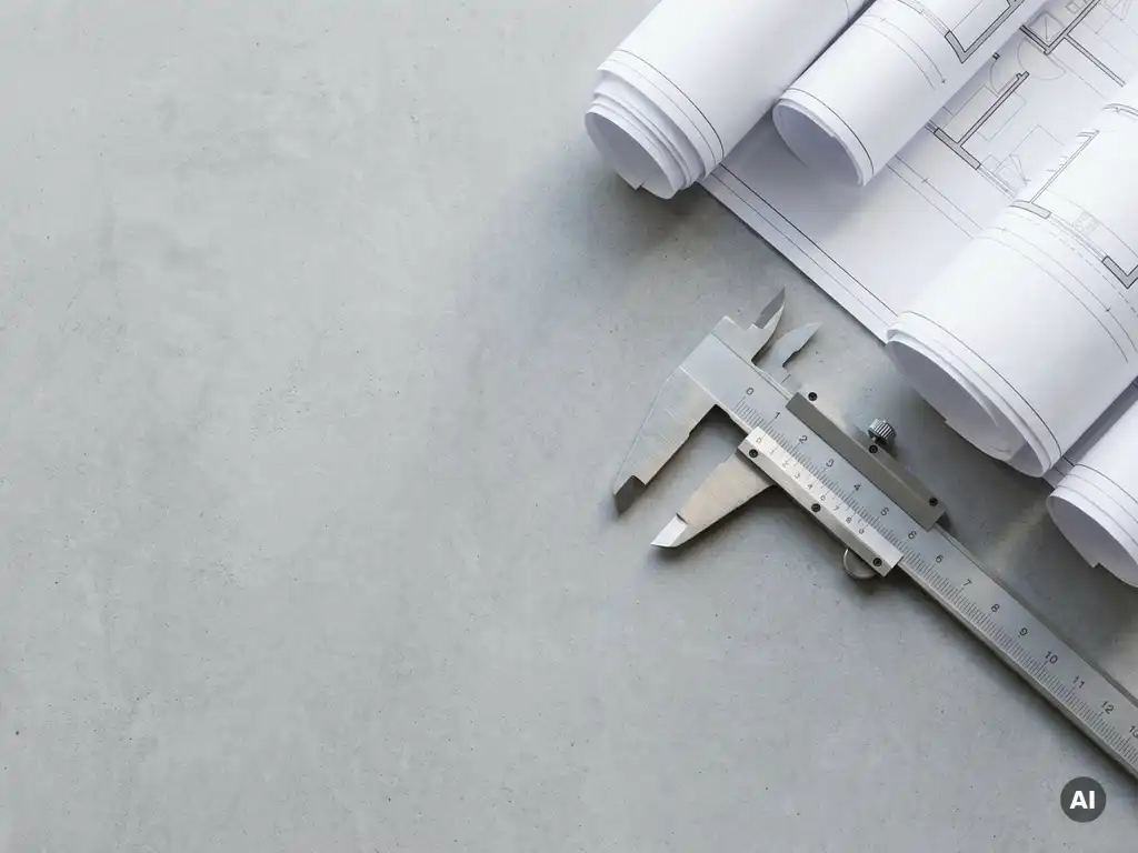 Metalen schuifmaat op betonnen ondergrond naast architecturale bouwtekeningen, minimalistisch bovenaanzicht met zachte belichting