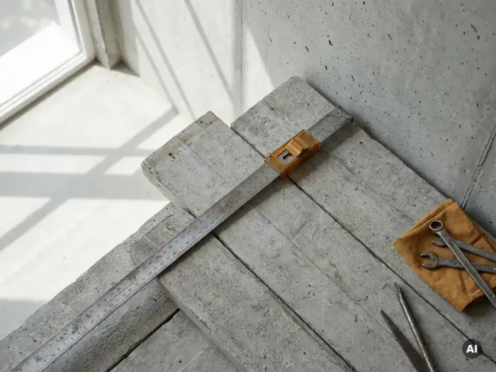 Stalen meetlint gespannen over ruw betonnen bekistingswerk, geometrische schaduwen op grijze onafgewerkte muren.