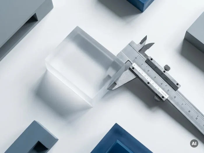 Stalen schuifmaat meet translucent architectuurmodel op witte ondergrond, geometrische vormen in grijs en blauw, minimalistisch bovenaanzicht.